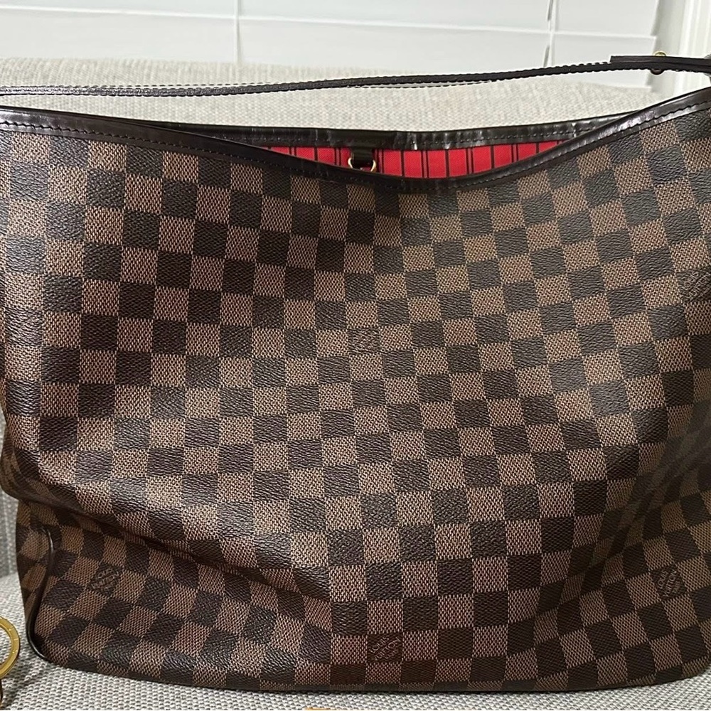 Louis Vuitton Brown Checkered Bag with Gold Accents